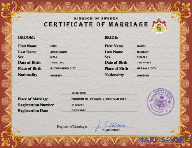 Blank Sweden marriage certificate PSD template
